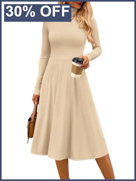 Dresses & Skirts - Womens Long Sleeve Turtleneck Midi A Line Dress Ribbed Knit Fall